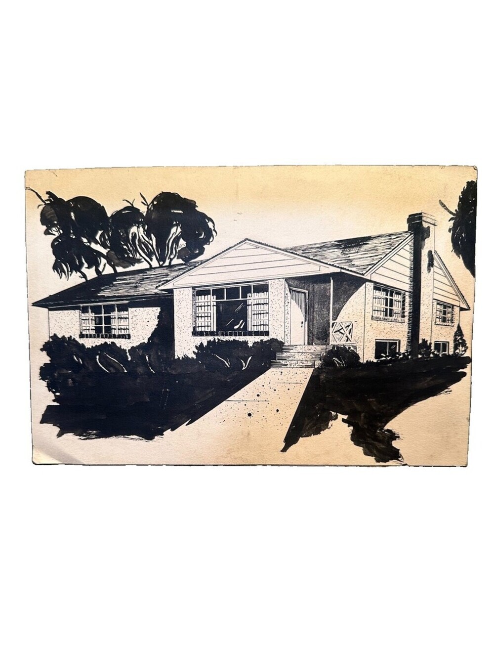 1955 Vintage Signed Mid-Century House Ink Drawing Rudolph F Stanley Architecture